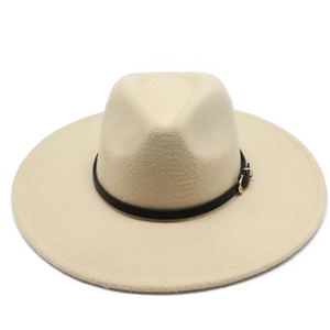 Classic beige wide-brim wool fedora hat with a black leather band and gold buckle detail