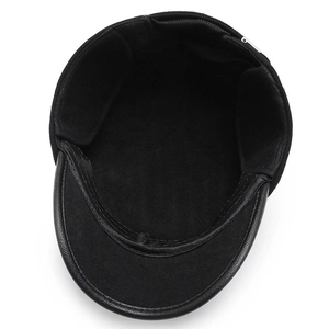 Winter flat top cap for men featuring black leather brim and thick thermal ear flaps