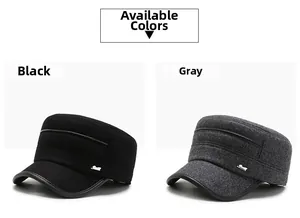 Flat top winter caps in black and grey cashmere wool with leather trim and metal logo
