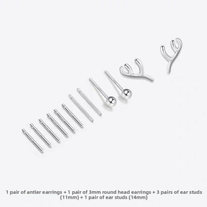Detailed set of S925 sterling silver stud earrings with elk horns and round ball shapes