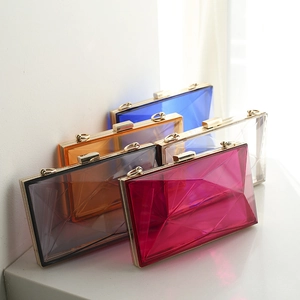 Acrylic geometric evening clutch bags in multiple colors with gold metal hardware