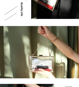 Macro detail of acrylic geometric faceted clutch showing phone and lipstick capacity