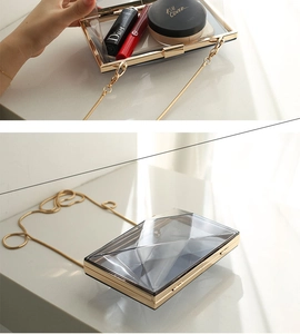 Macro view of geometric acrylic evening clutch showing interior capacity and gold chain