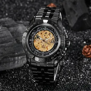 Detailed macro view of an automatic mechanical watch featuring a gold hollow gear dial