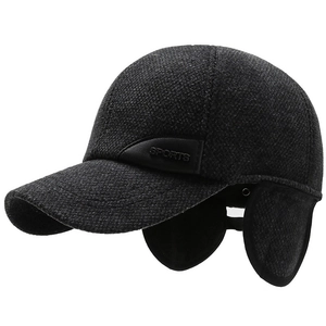 Winter baseball cap for men with warm ear flaps in dark grey textured wool blend tweed