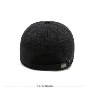 Detail view of winter baseball cap back featuring textured fabric and adjustable metal buckle