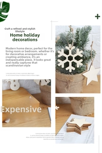Close-up of laser-cut wooden Christmas ornaments with snowflake and star shapes