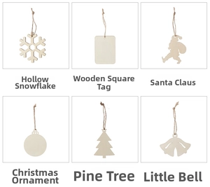 Detailed view of six rustic wooden Christmas ornaments with twine hangers on white background