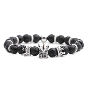 8mm lava stone crown beaded bracelet set with silver accents on white background