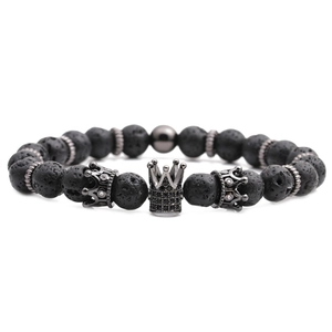 8mm black lava stone beaded bracelet set with crown charms for men in dark industrial style