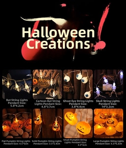 Detail of Halloween LED string lights with pumpkin, skull, and bat shapes for party decor