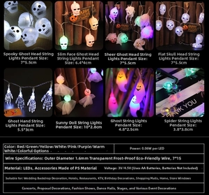 Detailed grid showing Halloween LED string light shapes like ghost heads and pumpkins