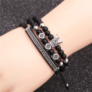 6mm matt-schwarzes Onyx-Kronenarmband-Set mit silbernen Metallakzenten für Damen und Herren