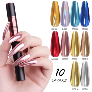 10 colors chrome nail powder cushion pens showing metallic mirror effects on nails