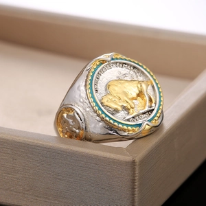 Vintage two-tone buffalo nickel ring for men with rustic hammered silver finish