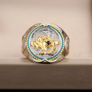 Vintage two-tone buffalo nickel coin ring with blue enamel and gold beaded edges