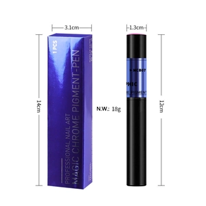 Detailed size specifications of blue chrome nail powder pen and packaging box with weight