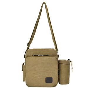Khaki canvas messenger bag with multiple pockets and side water bottle holder