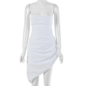 Detail of white mini dress with ruched fabric and asymmetric hem on mannequin