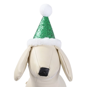 Sparkly green sequin Christmas hat for pets with white plush trim and pompom decoration