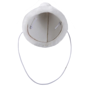 Detail view of white plush Christmas pet hat lining with durable elastic strap