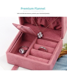 Velvet travel jewelry box showing ring slots and necklace hooks with clover pendant