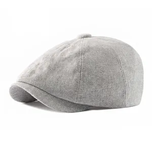 Hellgraue Newsboy-Mütze aus Baumwoll-Leinen mit Strukturstoff und Vintage-Design