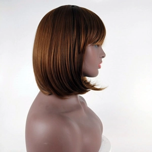 Detailed side view of brown bob wig with bangs showing smooth hair texture and inner curve