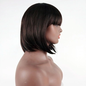 Side view of dark brown bob wig with bangs on mannequin against a white background