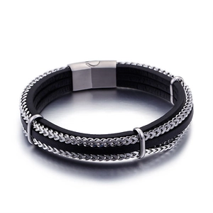 Men's multilayer black braided leather bracelet with stainless steel wheat chain and magnet clasp
