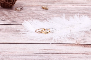 Three minimalist titanium steel rings with single zircon on white feather background