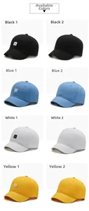 Grid view of short brim baseball caps in black, blue, white, and yellow colors