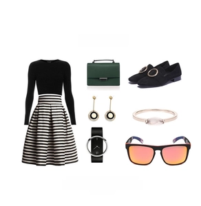 Flat lay of polarized square sunglasses with stylish outfit and accessories display