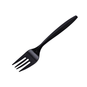 Close-up of a premium black plastic fork for graduation or birthday party tableware sets