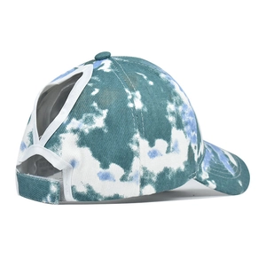 Detail view of cotton tie-dye ponytail baseball cap with large triangle back opening