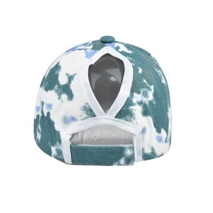 Detail view of cotton tie-dye baseball hat with ponytail hole and velcro closure