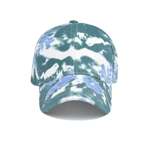 Detail view of cotton tie-dye sun visor hat in blue and green camouflage texture