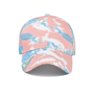 Detailed front view of tie-dye cotton baseball cap with pink, blue, and white marble pattern