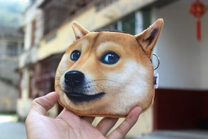 Detailed view of Shiba Inu plush coin purse with metal zipper and miwo brand tag