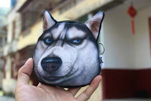 Handheld plush husky dog coin purse featuring realistic fur print and metal zipper
