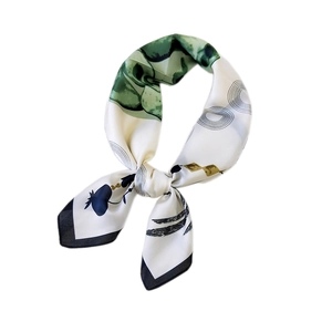 Elegant silk-like square neck scarf with green abstract patterns and botanical silhouettes