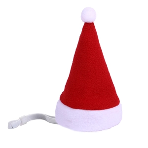 Adjustable red Christmas pet hat with white pompom and elastic strap detail