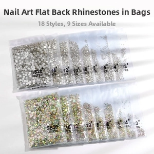 Flatback nail art rhinestones in silver and AB colors with multiple sizes for manicure