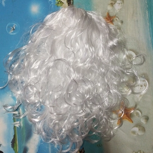Close-up of white curly Santa Claus wig with realistic synthetic fiber texture