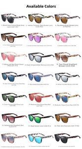 Grid view of 21 polarized sunglasses showing various colorful frames and lens options
