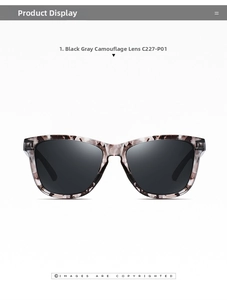 Detail of classic square sunglasses featuring grey camouflage frames and polarized lenses