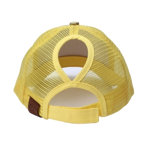 Yellow mesh baseball cap with ponytail criss-cross hole and brown leather C.C patch