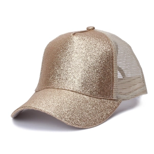 Detail of breathable mesh panel and gold glitter fabric on this baseball cap