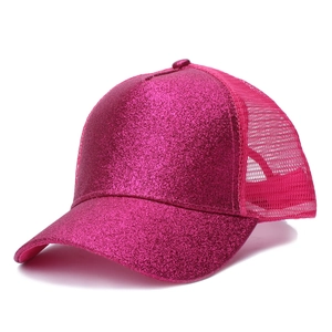 Detail of rose red glitter mesh baseball cap with sparkling finish and breathable netting