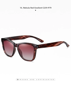 Detail of trendy retro sunglasses featuring nebula red gradient lenses and marble textures